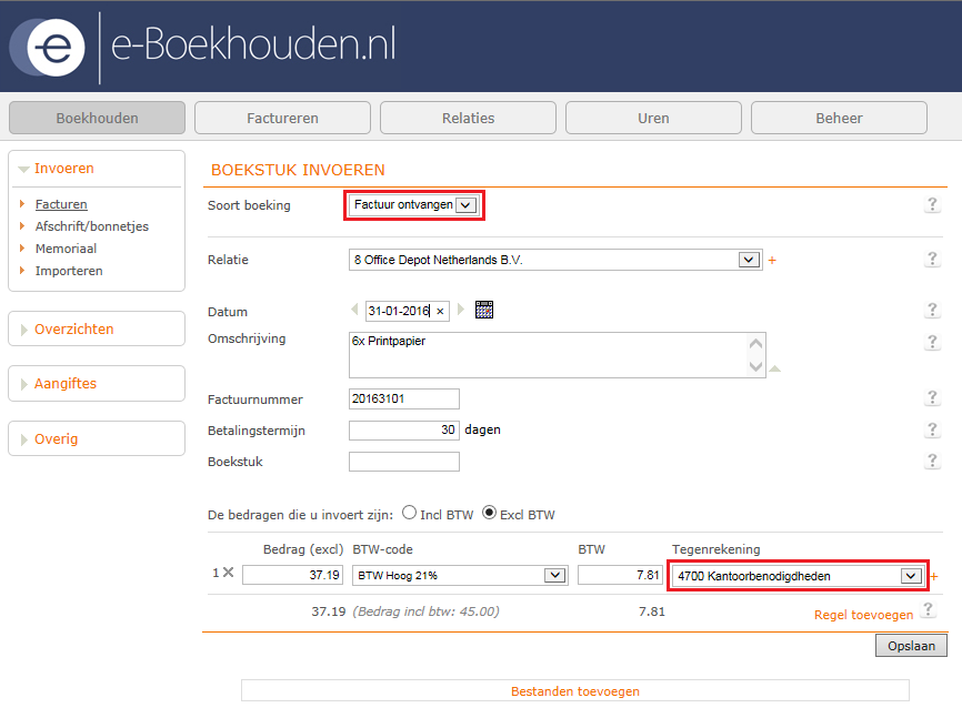 E-boekhouden ontvangen factuur